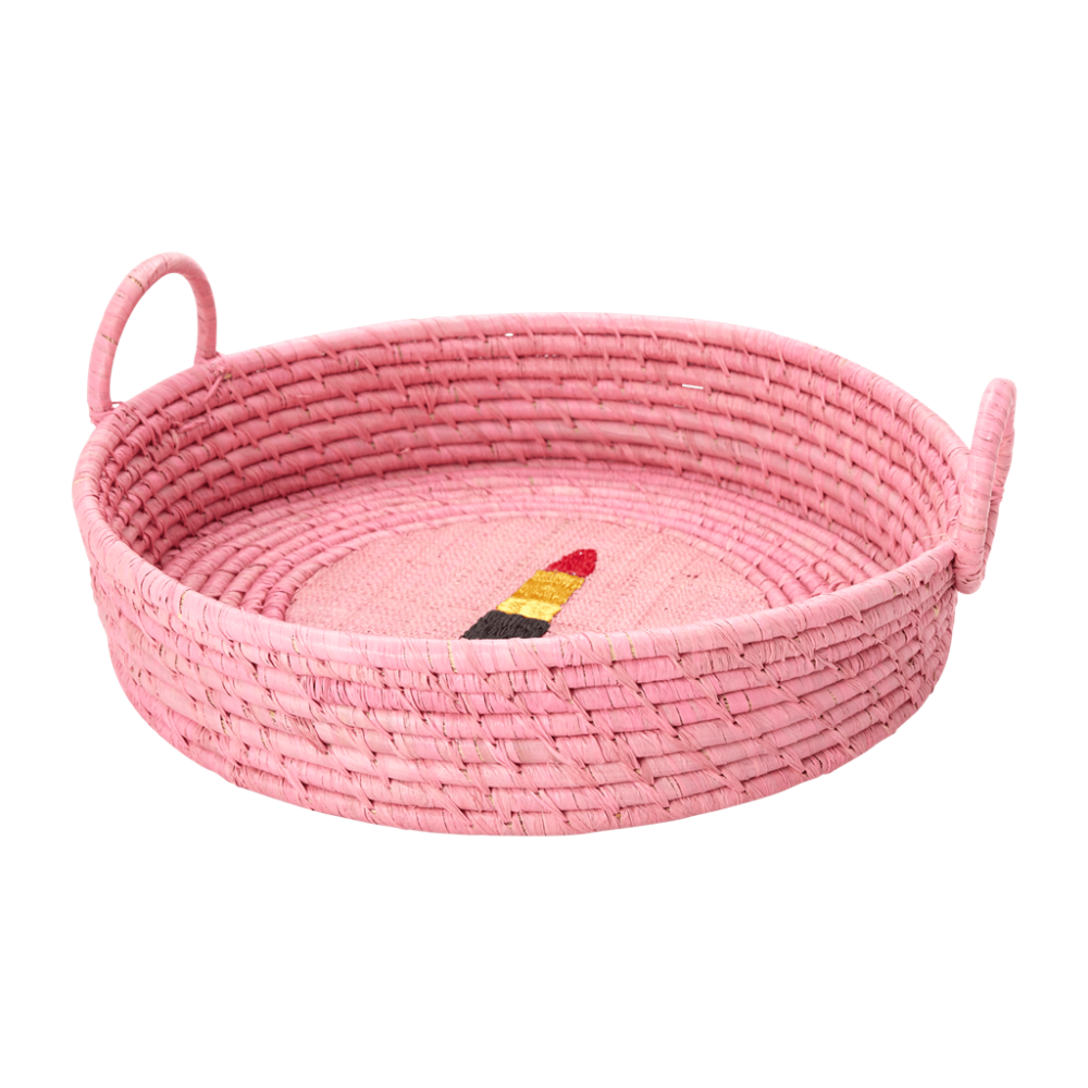 Round Raffia Basket In Pink With An Embroidered Lipstick Rice DK